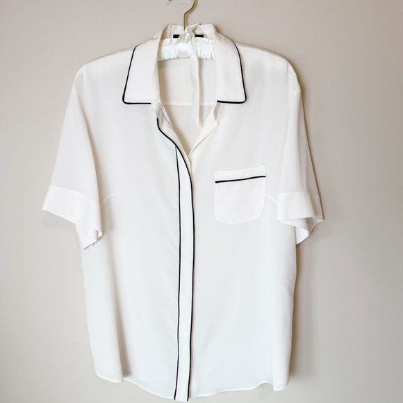 Piazza Sempione White Short Sleeve Button-Up Shirt with Black Trim Silk - Picture 1 of 6